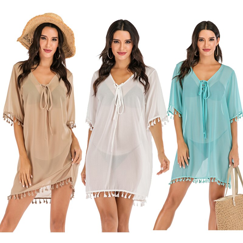 Women Beach Dress Tassel Bikini Cover Up Pareo Chiffon Plus Size Loose Beachwear