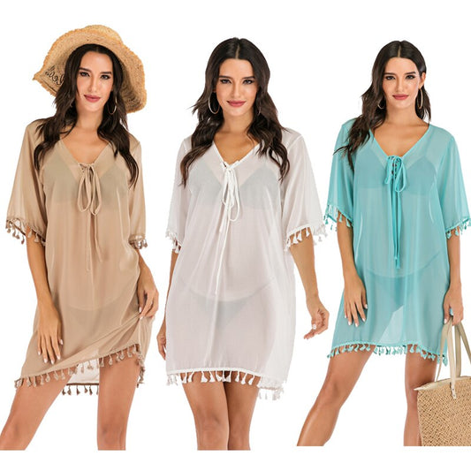 Women Beach Dress Tassel Bikini Cover Up Pareo Chiffon Plus Size Loose Beachwear