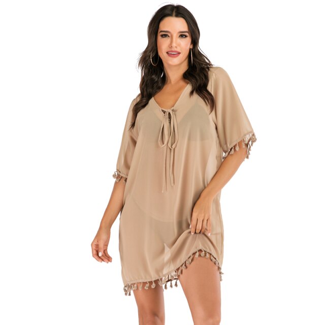 Women Beach Dress Tassel Bikini Cover Up Pareo Chiffon Plus Size Loose Beachwear