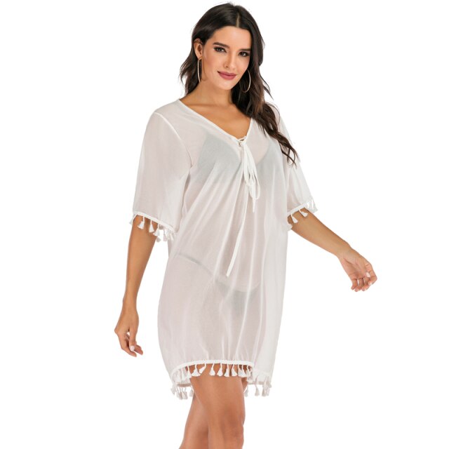 Women Beach Dress Tassel Bikini Cover Up Pareo Chiffon Plus Size Loose Beachwear