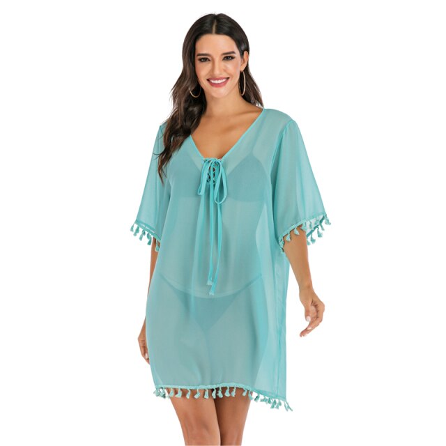 Women Beach Dress Tassel Bikini Cover Up Pareo Chiffon Plus Size Loose Beachwear