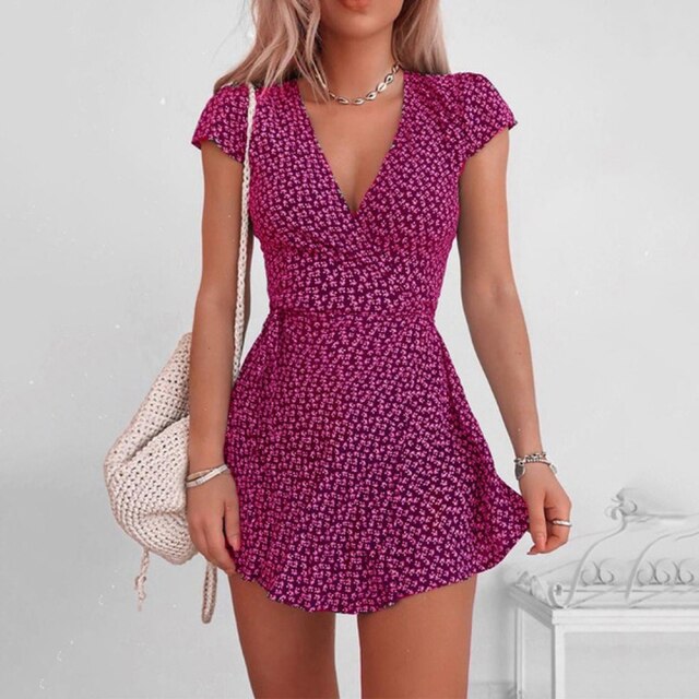 2021 Sexy Dress Women Summer Casual Bohemian V-neck Short Sleeve Floral Printing High Waist Mini Dresses Oversized Ladies Dress