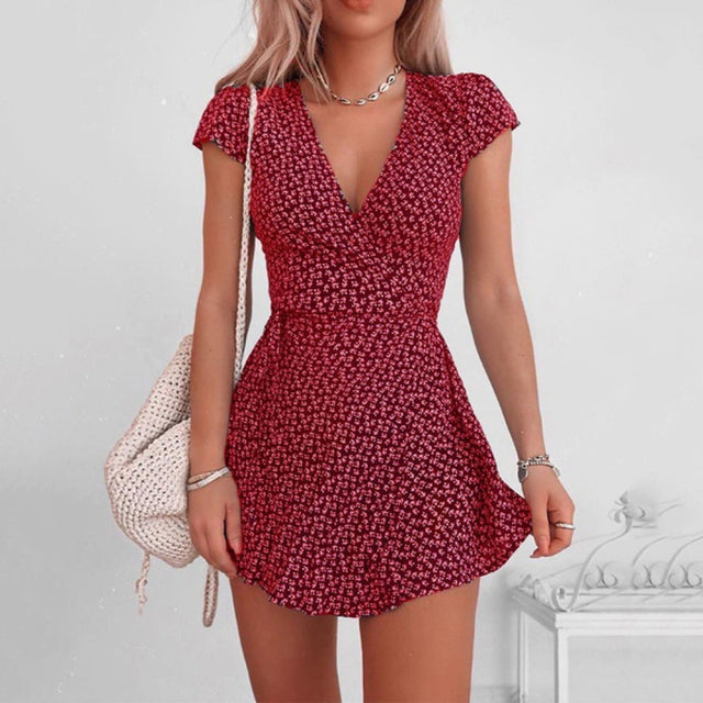 2021 Sexy Dress Women Summer Casual Bohemian V-neck Short Sleeve Floral Printing High Waist Mini Dresses Oversized Ladies Dress