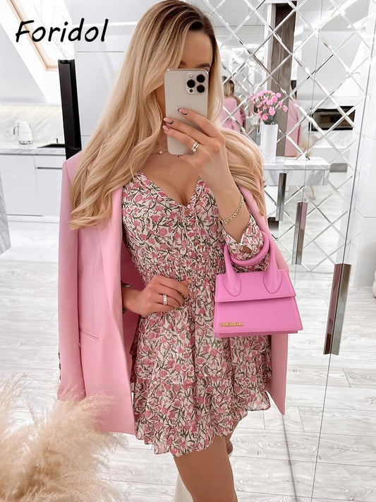 Spring Floral Print Pink Long Sleeve Women Boho Summer Dress Casual Tiered Chiffon V Neck Short Female Cute Fashion Retro Dress