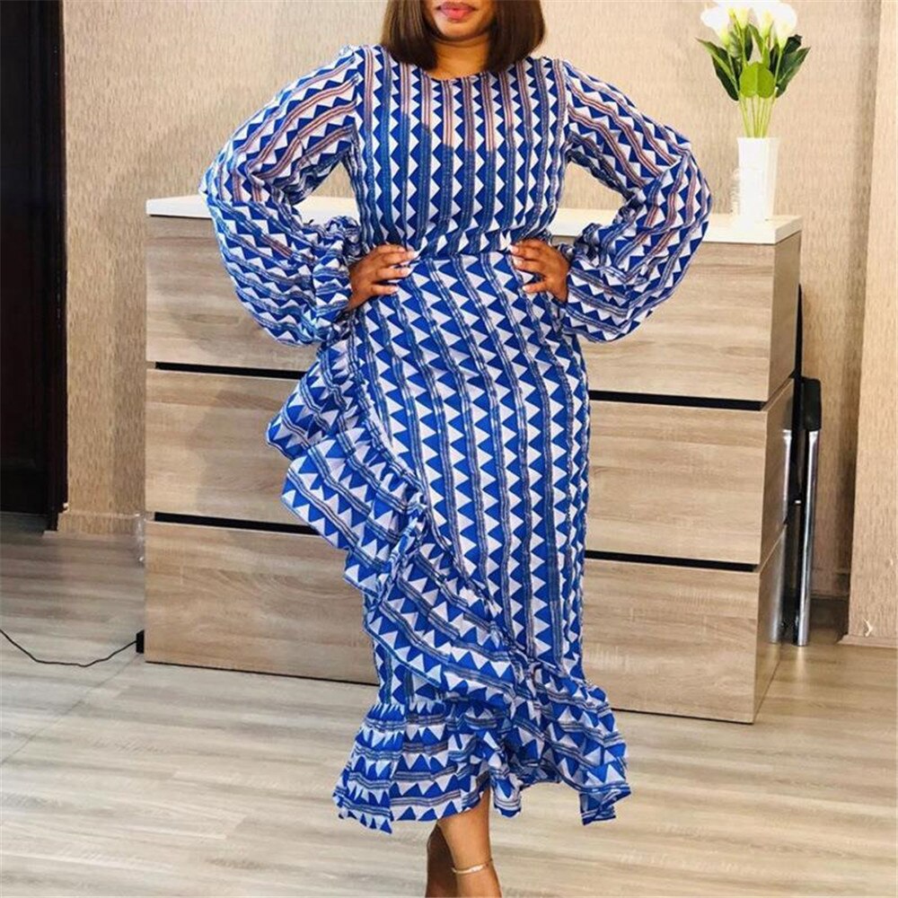 African Women Fashion, Geometric Print, Elegant Office Lady, Work Wear Clothes, Ruffle Long Sleeve, Maxi Dresses