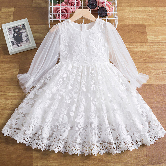 Flower New Year Princess Dress For Girl Autumn Long Sleeve Cloth Vintage Lace Tulle Christmas Vestido Kids Dresses For Wedding