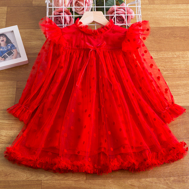 Flower New Year Princess Dress For Girl Autumn Long Sleeve Cloth Vintage Lace Tulle Christmas Vestido Kids Dresses For Wedding