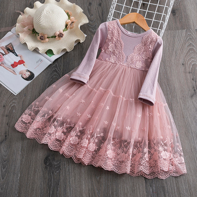 Flower New Year Princess Dress For Girl Autumn Long Sleeve Cloth Vintage Lace Tulle Christmas Vestido Kids Dresses For Wedding