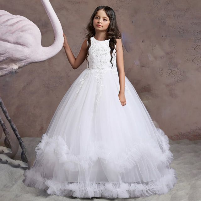 Vintage White Lace Bridesmaid Kids Flower Dress For Girls Children Long Formal Party Wedding Princess Dress Gown Costume 10 12 Y