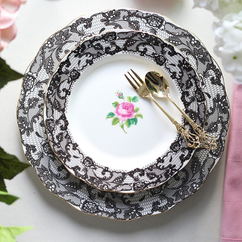 Black Spanish Lace High-grade Bone China Afternoon Tea Bones Porcelain Plate Dessert Plate Dish Ceramic Western Dish Free ship