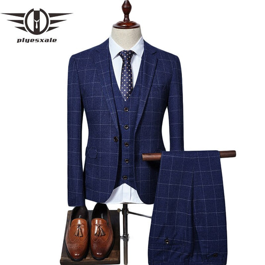 Plyesxale Brand Men Suit 2018 Slim Fit Mens Plaid Suits 3 Pieces Groom Wedding Suit High Quality Men&#39;s Suits Formal Q343